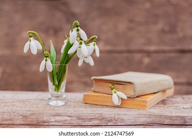 A Bouquet Of Snowdrops In A Vase And A Book With A Flower Bookmark On A Wooden Table. First Spring Flowers