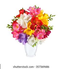 Bouquet Of Spring Flowers In White Vase Isolated On White Background