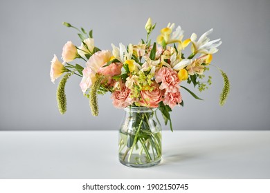 Bouquet, Step By Step Installation Of Flowers In A Vase. Flowers Bunch, Set For Home. Fresh Cut Flowers For Decoration Home. European Floral Shop. Delivery Fresh Cut Flower.