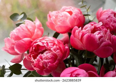 Bouquet of stylish peonies close-up. Pink peony flowers. Close-up of flower petals. Floral greeting card or wallpaper. Delicate abstract floral pastel background. Card Concept, copy space for text 