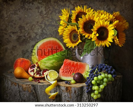 Bouquet of sunflowers with fruits 