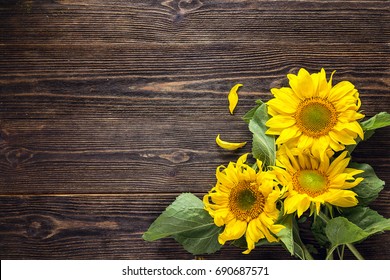 Bouquet of  sunflowers on a dark wooden background. Copy space. Top view.