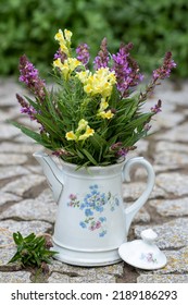 Bouquet Of True Toadflax And Meadow Sage In Vintage Coffee Can