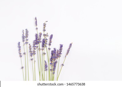 bouquet of violet lilac purple lavender flowers arranged on white table background. Top view, flat lay mock up, copy space. Minimal background concept. Dry flower floral composition isolated on white