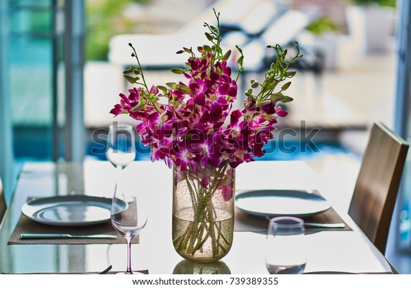 Bouquet Violet Orchids Glass Vase Near Stock Photo Edit Now