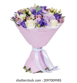 Bouquet Of White, Blue And Green Flowers In Pink Paper Cone Isolated On White Background.