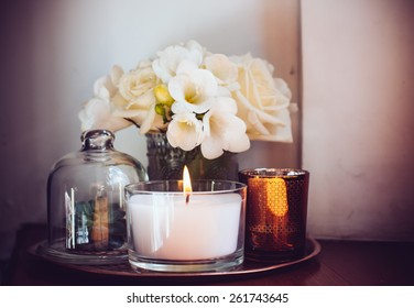 Bouquet Of White Flowers In A Vase, Candles On Vintage Copper Tray, Wedding Home Decor On A Table