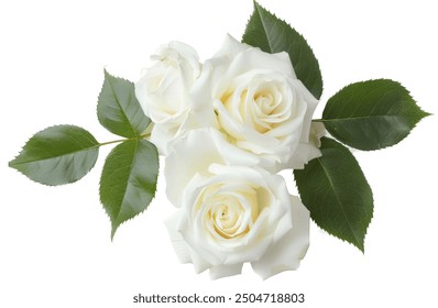 Bouquet of white roses and eustoma flowers isolated on white. Top view.