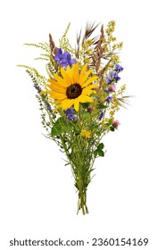 Bouquet of wildflowers and herbs with sunflower. Element for creating collage or design, postcards, invitations.