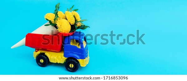 Bouquet of yellow\
chrysanthemums and Pistacia leaves wrapped in paper in a toy truck\
on a blue background. Concept of delivering flowers and plants.Copy\
space for text