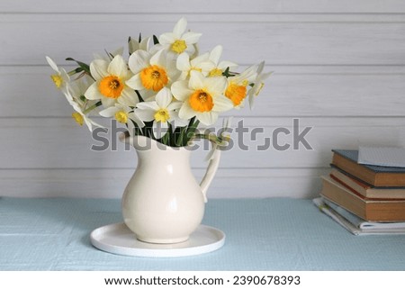a bouquet of yellow daffodils, garden flowers. concept: spring, rural composition, cottage core.