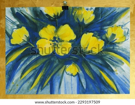 Bouquet of yellow flowers in a vase watercolor painting. Bright blue shadows on the table. Matisse style fauvism. Abstract yellow flowers