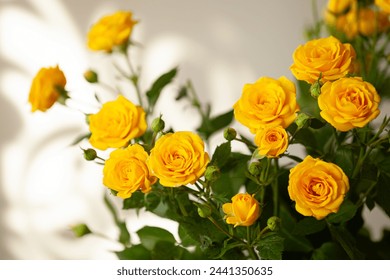 Bouquet of yellow roses in a glass vase. Flowers for the holiday. Decorations and ideas for home, parties and celebrations. Selective focus - Powered by Shutterstock