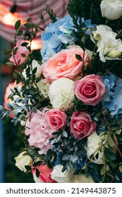 Bouquets Of Blue, White, Pink And Red Flowers Adorn The Wedding Venue At The Entrance To The Restaurant.