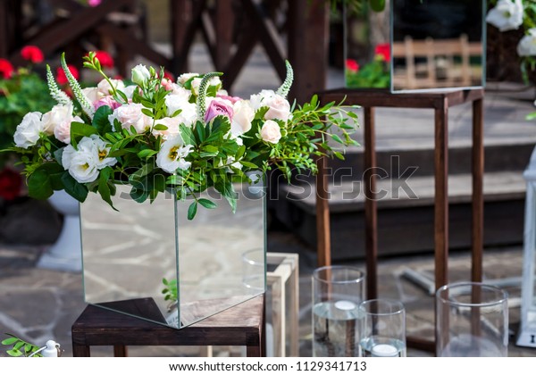 Bouquets Flowers Standing Unusual Mirrored Square Stock Photo