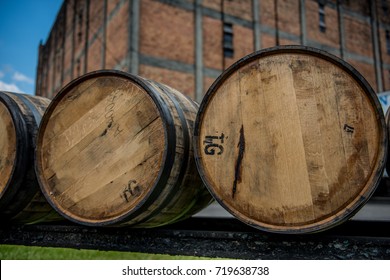 Bourbon Barrels At A Distillery Along The Bourbon Trail In Kentucky. 