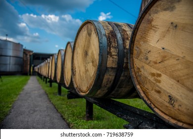 Bourbon Barrels At A Distillery Along The Bourbon Trail In Kentucky. 