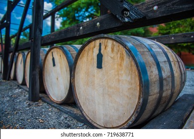 Bourbon Barrels At A Distillery Along The Bourbon Trail In Kentucky. 