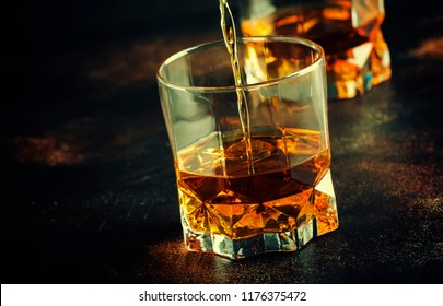 Bourbon In Glass, American Corn Whiskey, Dark Bar Counter, Selective Focus