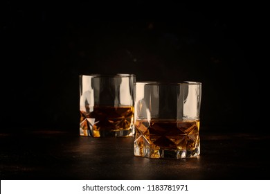 Bourbon In Glass, American Corn Whiskey, Dark Bar Counter, Selective Focus