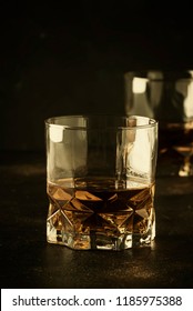 Bourbon In Glass, American Corn Whiskey, Dark Bar Counter, Selective Focus