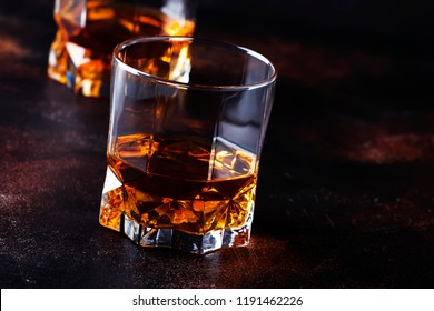 Bourbon In Glass, American Corn Whiskey, Dark Bar Counter, Selective Focus