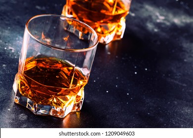 Bourbon In Glass, American Corn Whiskey, Dark Bar Counter, Selective Focus