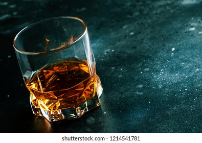 Bourbon In Glass, American Corn Whiskey, Dark Bar Counter, Selective Focus