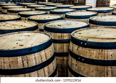 Bourbon oak barrels waiting to be filled at a Kentucky distillery along the bourbon trail. 