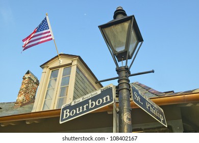 Bourbon Street And Lamp Post In French Quarter Of New Orleans, Louisiana