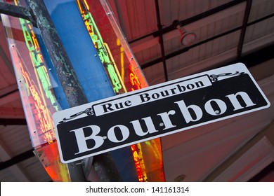Bourbon Street sign and neon in the French Quarter of New Orleans, Louisiana