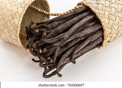 Bourbon vanilla pods from Madagasca in a wicker box