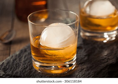 Bourbon Whiskey With A Sphere Ice Cube Ready To Drink