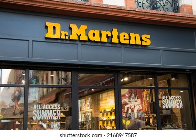 BOURDEAUX, FRANCE - JUNE 17, 2022. Dr. Martens logo on Dr. Martens store. Dr. Martens is a British footwear and clothing brand