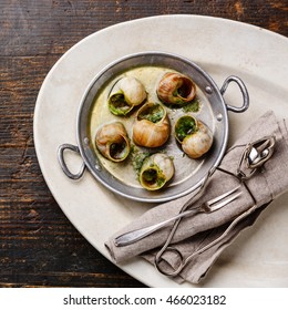 Bourgogne Escargot Snails With Garlic Herbs Butter In Aluminum Pan On White Plate