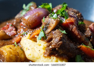 Bœuf Bourguignon - Beef Bourguignon With Mashed Potatoes, Burgundy Wine, Burgundy Set And Parsley