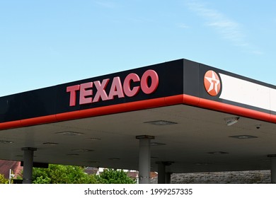 Bournemouth, England - June 2021: Sign on the canopy of a petrol filling station supplied by the Texaco oil company