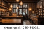  Boutique coffee shop interior with large windows, rustic shelving, and wooden tables, perfect for urban and modern design themes.