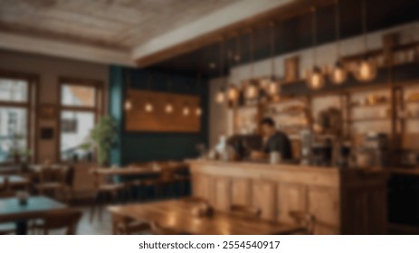  Boutique coffee shop interior with large windows, rustic shelving, and wooden tables, perfect for urban and modern design themes. - Powered by Shutterstock