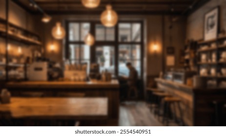  Boutique coffee shop interior with large windows, rustic shelving, and wooden tables, perfect for urban and modern design themes. - Powered by Shutterstock