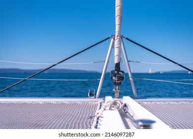 Bow area on the catamaran, relax zone while sailing, safety net on the bow. Charter a yacht. Rent a catamaran. Charter Croatia.