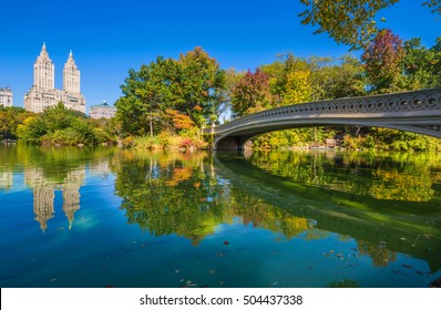 Bow bridge in Central park at Autumn sunny day, New York City