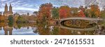 Bow bridge, Central Park, New York City, in late autumn in panoramic, early morning