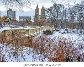 Bow bridge, Central Park, New York City in winter after snow storm - Powered by Shutterstock