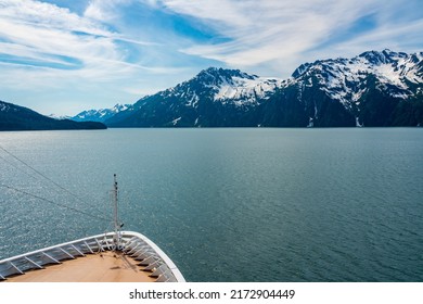 Bow Of Cruise Ship Sailing Down The Prince William Sound Away From Valdez In Alaska