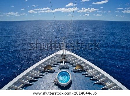 The bow of a cruise ship sailing in the Pacific Ocean. It will soon arrive in Hawaii. June 2019.