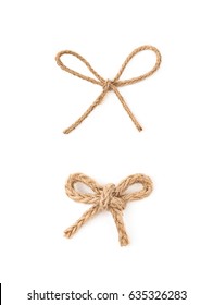 Bow Knot Made Of Linen Rope String Isolated Over The White Background, Set Of Two Different Foreshortenings
