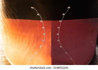 The Bow Of A Large Tanker Ship With The Indicated Diving Depth On It, Front View.