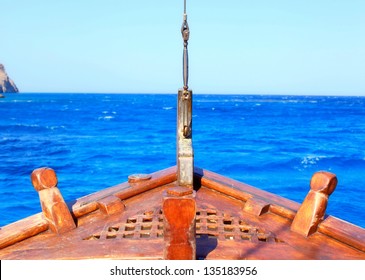 The Bow Of Old Wood Ship In Blue Waters Of Mediterranean Sea, Selective Focus