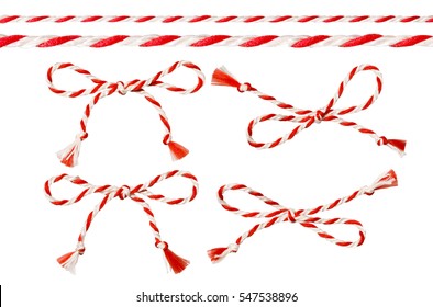 Bow Of Red White String, Twine Rope Decoration, Twisted Thread Cord, Isolated Tied Knot